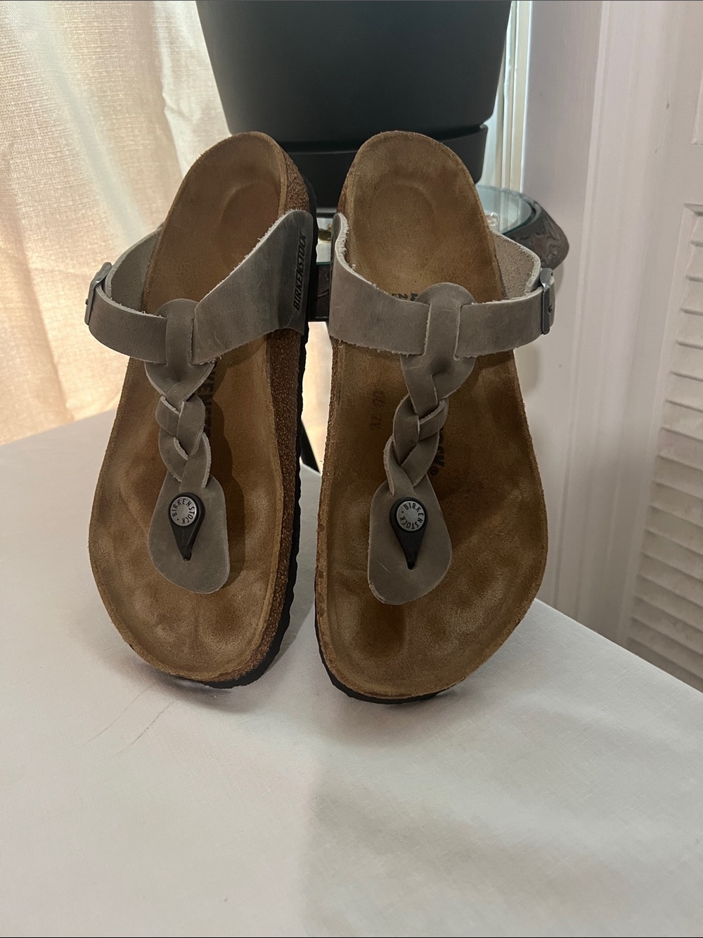 Birkenstock Taupe Braided T‑Strap Sandals
